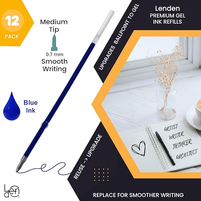 Pack of 12 Gel Blue Ink Refill for Retractable Pens, Medium Tip Point 0.7mm, Blue Ink, Fits Retractable Pen, Universal Size Refill, 115mm/11.5cm/4.5 inches (Blue,115mm)