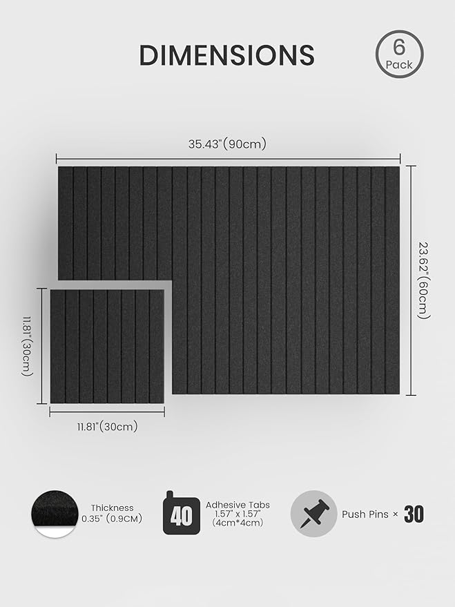 Bumusty Large Cork Board Alternative-36 x 24" Felt Bulletin Board Tiles, with 30 Pushpins, 40 Adhesive Tabs, 6-Pack Slat Wall Paneling, Cork Boards for Office Push Pin Board Felt Board-Black