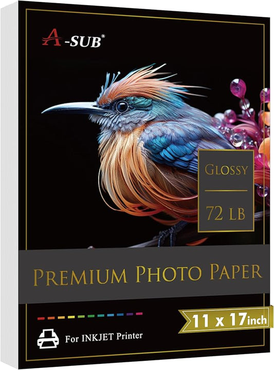 A-SUB Premium Photo Paper High Glossy 11x17 Inch 72lb for Inkjet Printers 50 Sheets, Single Sided