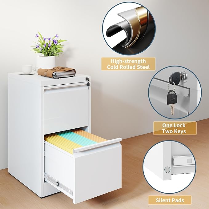 2 Drawer File Cabinet with Lock, Vertical Filing Cabinets for Home Office, Metal Storage Cabinets, Heavy Duty File Cabinet for Letter/Legal/A4/F4 Size Amsseble Required, White