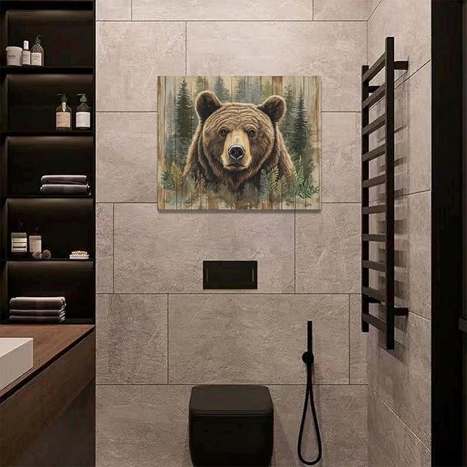 Farmhouse Bear Wall Art Rustic Forest Pictures Decor Woodland Wildlife Painting Canvas Print Modern Home Decoration Artwork for Living Room Bathroom Bedroom Office Framed 20"x16"