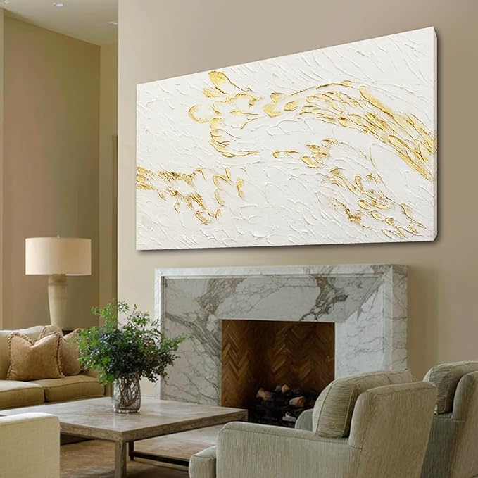 SOUGUAN Textured Walls Art White and Gold Wall Decorations Contemporary Artwork for Walls 29"x58" Canvas Paintings for Living Room Dining Room