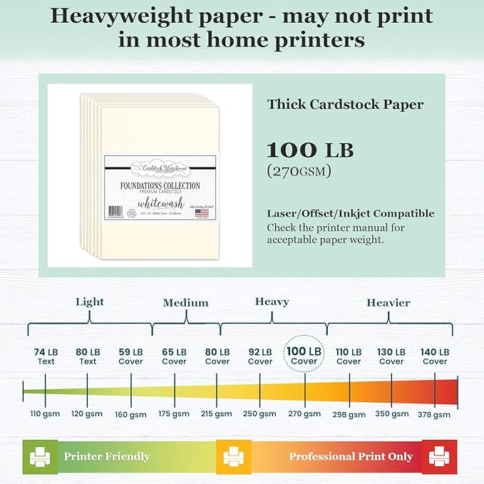 Cardstock Warehouse Foundations 100% Recycled Whitewash Cardstock Paper - 25 Sheets, 8.5 x 11” - 100 Lb/270 GSM Premium Off-White Card Stock for Card Making, Laser, Inkjet Printing, & DIY Projects