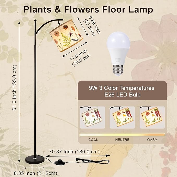 61“Dried Flowers Floor Lamp with 9W 3 Color Temperatures LED Bulb, Tall Standing Lamp with Adjustable Floral Lampshade for Living Room,Bedroom,Office