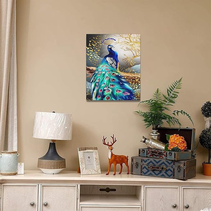 yerretin Peacock Wall Art Peacock Golden Tree Pictures Wall Decor Bird Canvas Painting Modern Decoration Artwork for Bathroom Living Room Bedroom Office Framed 16"x20"