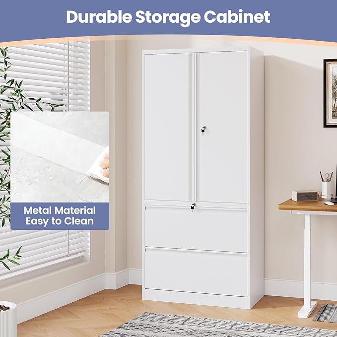 2 Drawer Lateral File Cabinet, Office Storage Cabinet with 2 Wide&Deep Drawers and Locking Doors, White Metal Cabinet with Adjustable Shelves for Home Office, Fits A4/Letter/Legal Size Folders