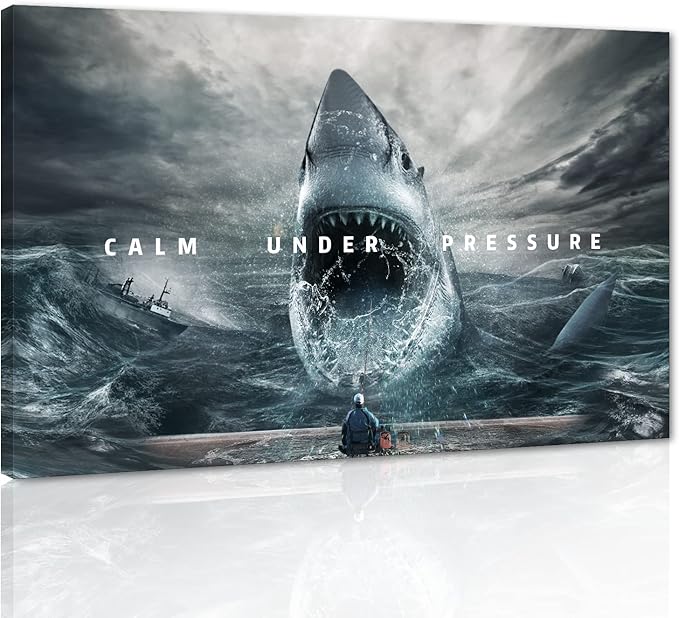 Office Inspirational Wall Art Calm Under Pressure Motivational Quotes Pictures Wall Decor Artwork Sharks and Angler Posters Print Artwork Living Room Decoration Framed Ready to Hang - 28" Hx44 W