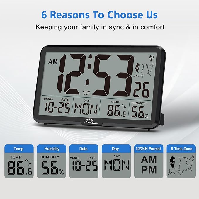 WallarGe Atomic Wall Clock with Backlight, Digital Wall Clock Battery Operated for Classroom, Bedroom, Office, Large Display with Indoor Temperature, Humidity, Date, AUTO DST, 6 Time Zones