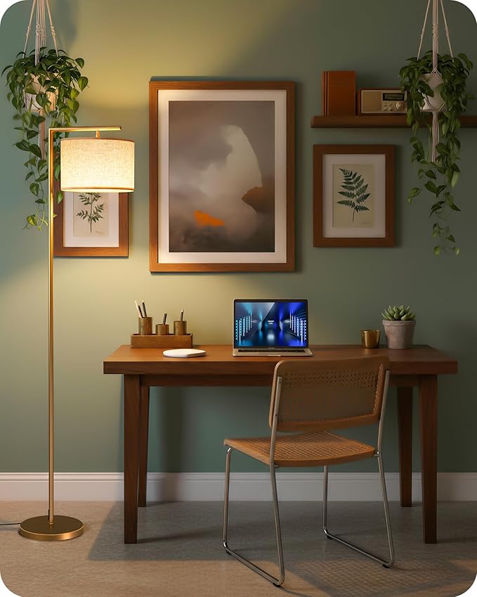 Modern Dimmable Floor Lamp for Living Room, Corner Tall Lamp with Fabric Shade, LED Bulb Included, Arched Reading Light with Remote Control and Foot Pedal, Beige and Gold DE11LD05