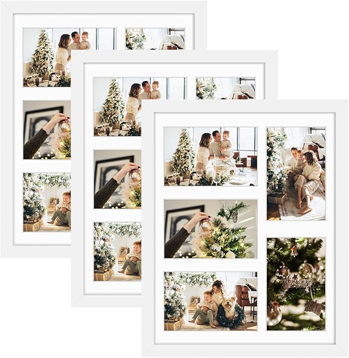 Golden State Art, 11x14 White Wooden Frame with White Mat - Displays Five 4x6 Photos - Real Glass, Wall Mounting, Landscape, Portrait, 3 Pack