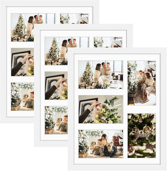Golden State Art, 11x14 White Wooden Frame with White Mat - Displays Five 4x6 Photos - Real Glass, Wall Mounting, Landscape, Portrait, 3 Pack