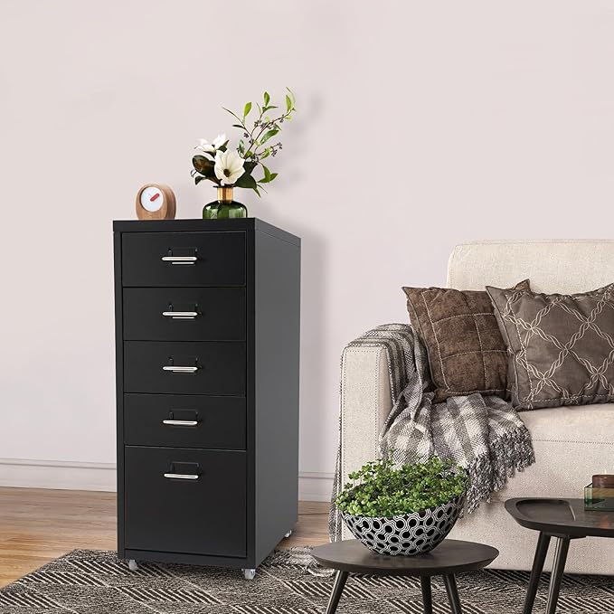 Metal File Storage Cabinet, 5 Drawer Vertical Filing Cabinets with Wheels Under Desk Storage Drawers, 11 * 16.1 * 27.1in Mobile File Cabinets Under Desk Cabinet for Bedroom, Office (Black)