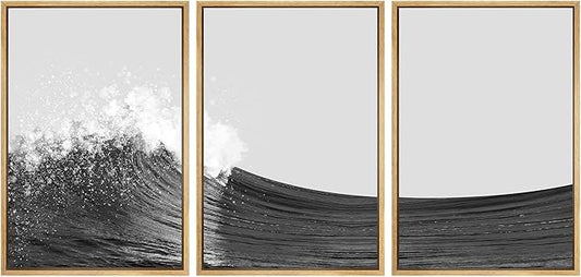 SIGNWIN 3 Piece Framed Canvas Wall Art Black and White Ocean Waves Nature Wilderness Illustrations Abstract Traditional Home Artwork Decoration for Living Room,Bedroom - 24"x36"x3 Natural