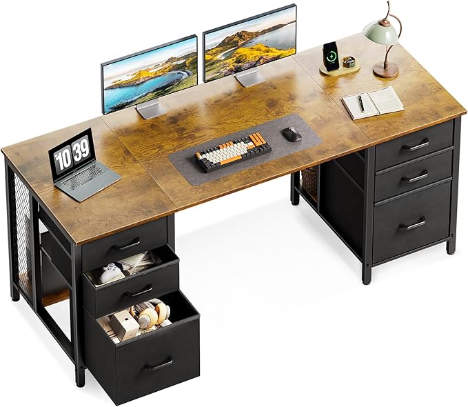 ODK 63 Inch Office Desk with 6 Fabric Drawers, Large Computer Desk for Home Office with Hidden Storage Shelves, Rustic Brown