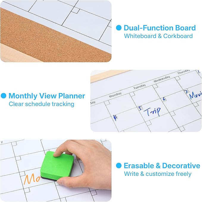 OWLKELA Monthly Dry Erase Calendar with Cork Board for Wall, 17 x 13 Magnetic Bulletin Whiteboard with Wood Frame for Office, Home, School, Kitchen