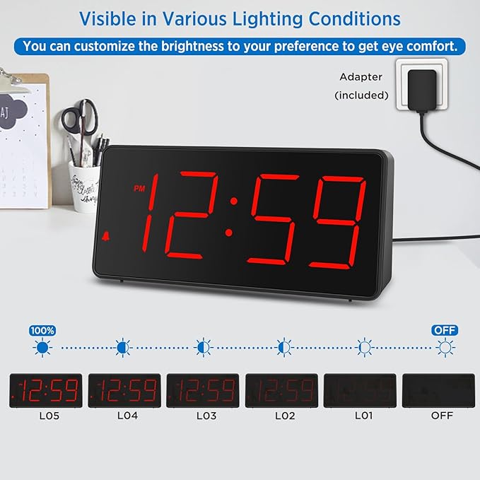 Peakeep Digital Clock, Alarm Clock for Bedrooms with USB Charger Port - Large Big Numbers 5 Brightness for Seniors, Battery Backup, Loud Alarm 5 Volums (Black with Red Digits)