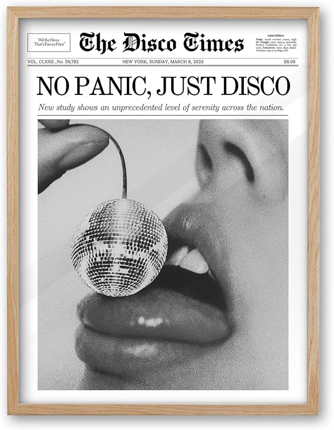 iHery No Panic Just Disco Small Framed Trendy NewsPaper Wall Art,Beige OAK Wood 8x10in Canvas Bedroom Wall Art, Cherry Disco Ball Poster,Magazine Wall Decor For Dorm Living Room Home 1Pack