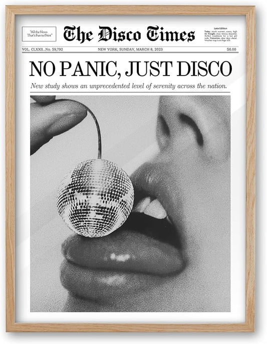 iHery No Panic Just Disco Framed Trendy NewsPaper Wall Art,Beige OAK Wood 12x16in Canvas Bedroom Wall Art, Cherry Disco Ball Headline Poster,Magazine Wall Decor For Dorm Living Room Home 1Pack