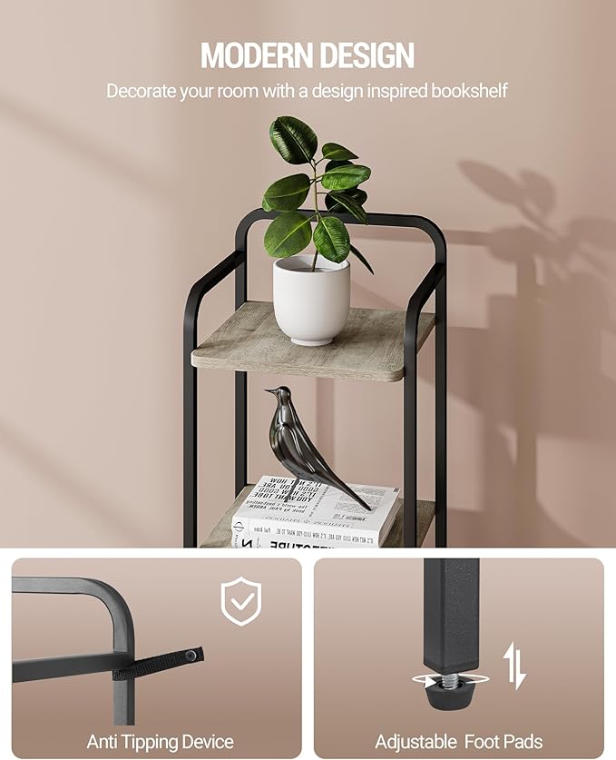 Bookcase Bookshelf, Narrow Book Shelf, Industrial Corner Shelf Storage Organizer, Slim Shelving Unit for Home Office, Living Room, Bedroom, Kitchen, 6-Tier Greige and Black BC24605B