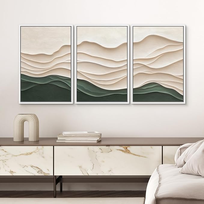 SIGNWIN Framed Canvas Print Wall Art Set Textured Paper Cut Landscape Beige and Green Minimalist Illustrations Modern Art Rustic Scenic Relax/Calm for Living Room, Bedroom, Office - 16"x24"x3 White