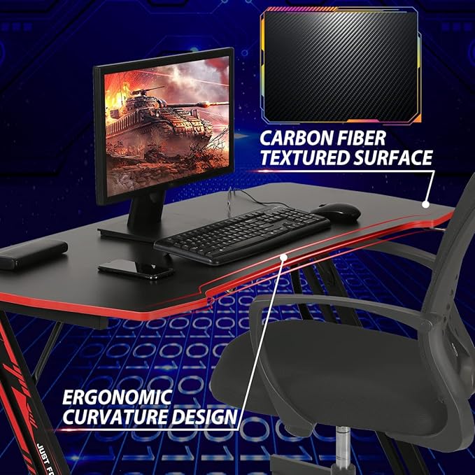 Gaming Desk 47 Inch Z-Shaped Computer Desk Modern Ergonomic PC Computer Table Home Office Desk Racing Style Gaming Workstation with Headphone Hook, Red