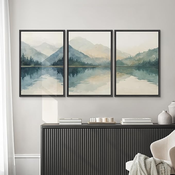 SIGNWIN Framed Canvas Print Wall Art Set Calm Lake Reflection Watercolor Mountain and Water Illustrations Modern Art Decorative Abstract for Living Room, Bedroom, Office - 16"x24"x3 Black