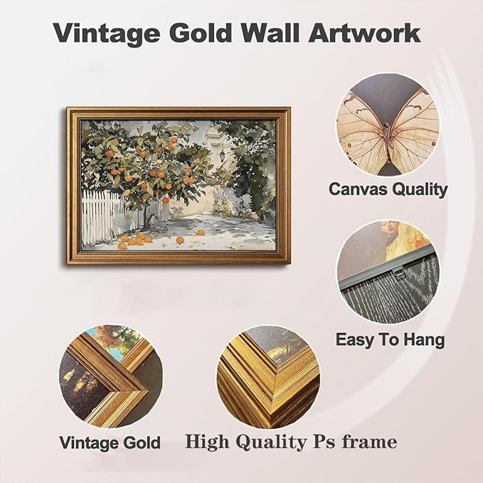 Gold Framed Wall Art Vintage Canvas Wall Art Country Orange Trees Artwork Prints Picture for Living Room Bedroom Farmhouse Bathroom Office Decor, 16x24