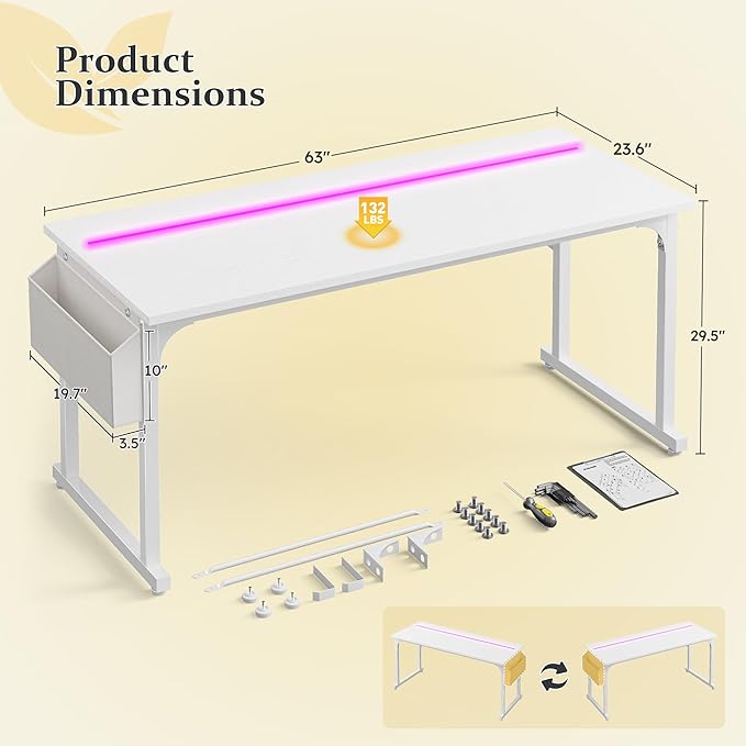 63 Inch Computer Desk with LED Lights, Office Desk for Home Office, Study Desk Writing Table with Storage Bag, Headphone Hook, White