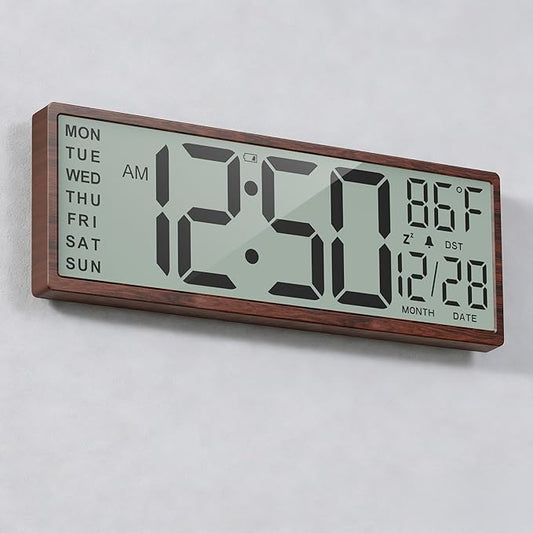 15" Large Digital Wall Clock Battery Operated Black, Clock with Large Display Numbers, Calendar, Auto DST, Clocks for Living Room, Kitchen, Office, Bedroom