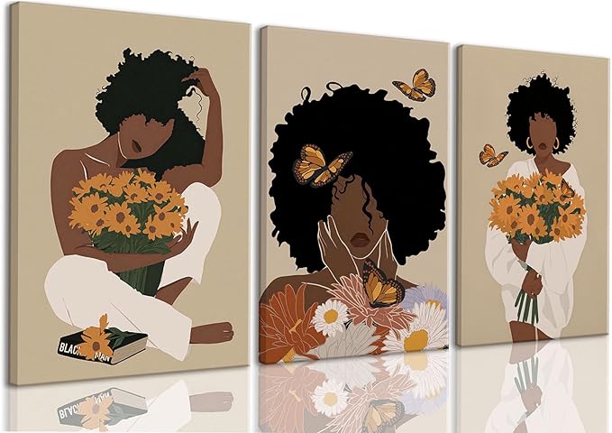 TUEASKY 3 Piece Canvas Wall Art African American Wall Decor Black Woman Pictures Sunflower Butterfly Paintings Abstract Prints Boho Artwork for Bedroom Bathroom