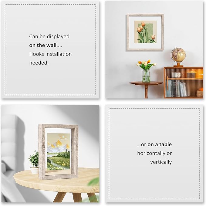 MUYE 5x7 Floating Frames Distressed Beige White Wood Pattern,Double Glass Picture Frame Display Any Size Photo up to 5x7,Wall Mount or Tabletop,2 Pack