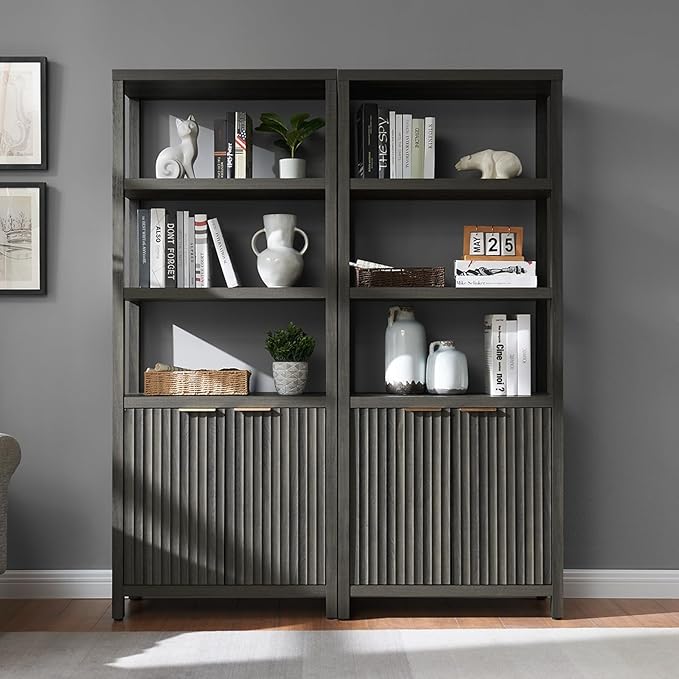 5-Tier Black Bookshelf with Storage, 70" Tall, Fluted Wood, 2PCS, Suitable for Living Room, Bedroom, Home Office