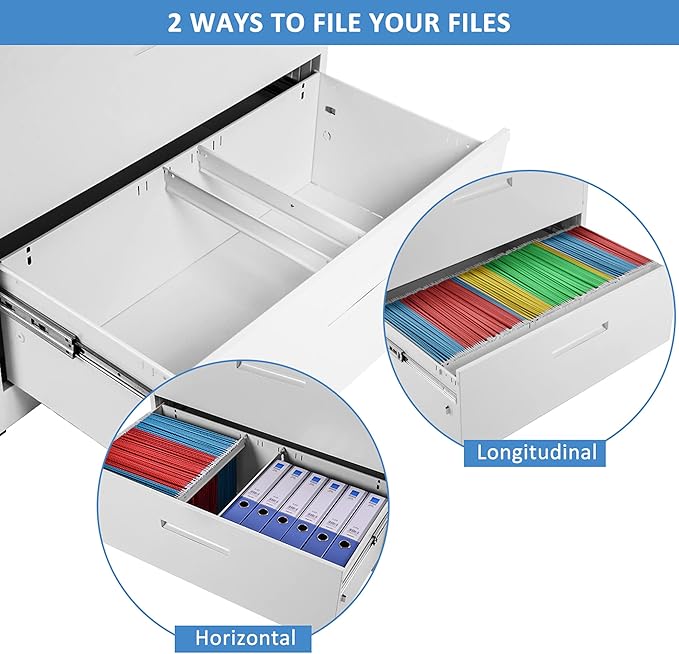 Lateral File Cabinet, 3 Drawers Metal Lockable Filing Cabinet for Commercial Grade Office Legal and Letter File (White)