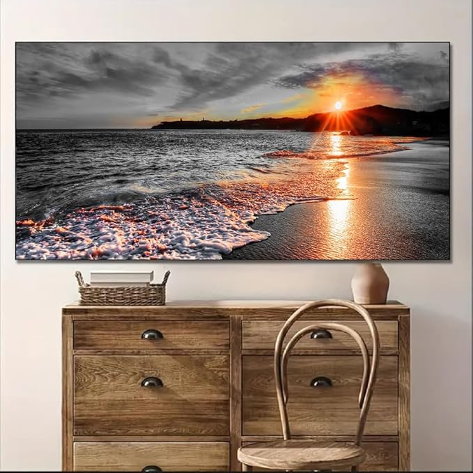Yxbhhym-Large Pictures for Living Room Wall Décor Black and White Beach Canvas Wall Art Bedroom Ocean Room Décor Seascape Paitnings Poster Sea Sunset Print Art Morden Framed Home Office Artwork