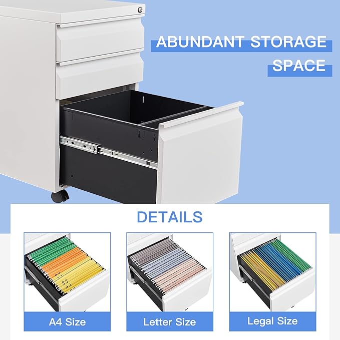 Yizosh 3 Drawer Mobile File Cabinet with Lock, White Under Desk Rolling Filing Cabinet, Metal Locking File Cabinet on Wheels for Legal/Letter/A4 File (Required Assemble)