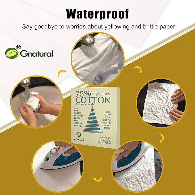 75% Cotton 25% Linen Business Paper, Ivory 85gsm 8.5"W x 11"L Resume Paper, Won't Get Wet Printing Paper 100/Box with Low Starch