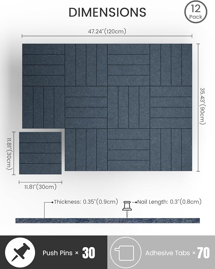 Bumusty Large Cork Board Alternative-48 x 36" Felt Bulletin Board Tiles, with 30 Pushpins, 70 Adhesive Tabs, 12-Pack Slat Wall Paneling, Cork Boards for Office Push Pin Board Felt Board-Navy Blue