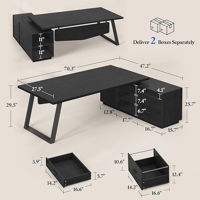70.3 inch L Shaped Executive Desk with Power Outlets, Large Home Office Desk with Storage Drawers and File Cabinet, Modern Computer Desk with Shelves, Black Business Furniture, Square Metal Legs