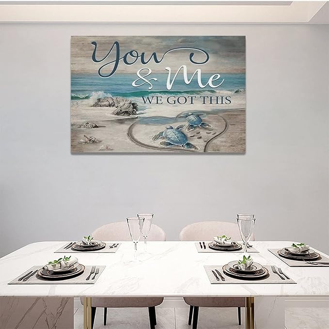 yerretin Beach Sea Turtle Bathroom Wall Art Ocean Turtle Pictures Wall Decor Coastal Nautical Seascape Canvas Painting Love Artwork Home Decoration for Bedroom Office Framed 24"x16"