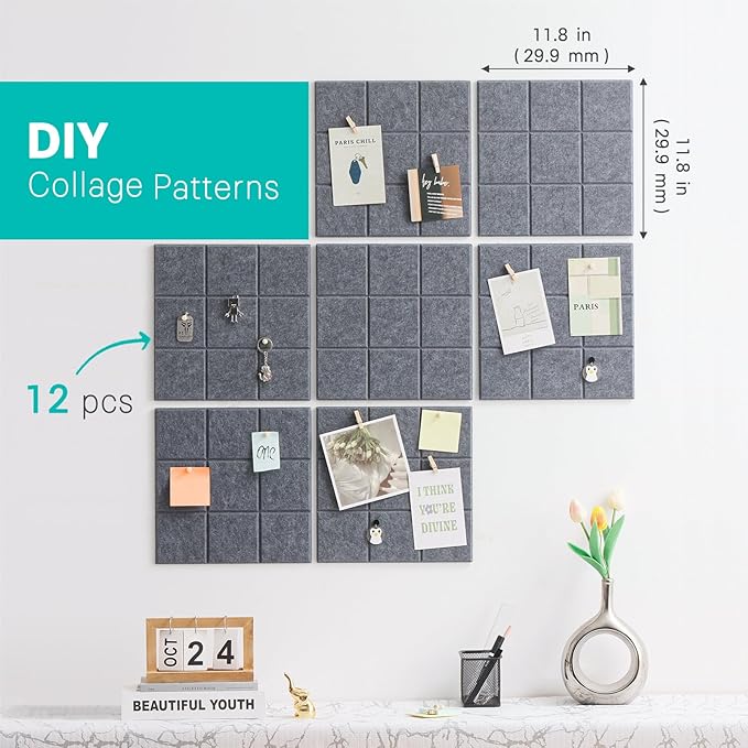 Large Cork Board, 12 Pack Felt Wall Tiles with Safe Removable Adhesive, Bulletin Board for Office, Pin Tack Corkboard for Quilting Design & Dart Wall Protector 48" x 36" - Drak Grey