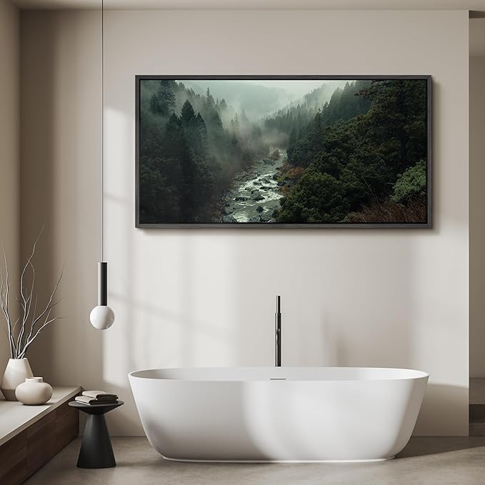 SIGNFORD Extra Large Framed Canvas Misty Forest River Landscape Nature Photography Illustrations Modern Art Calm Warm for Living Room, Bedroom, Office - 60"x30"