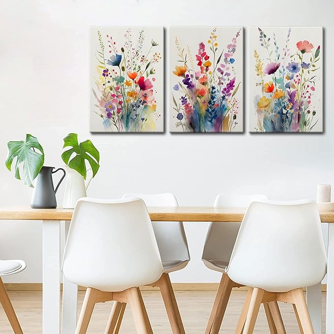 KISSFOX 3 Piece Colorful Flower Framed Wall Art Decor Watercolor Botanical Wildflower Pictures Paintings Wall Decor Modern Minimalist Floral Canvas Art Prints Artwork For Bedroom Living Room Bathroom