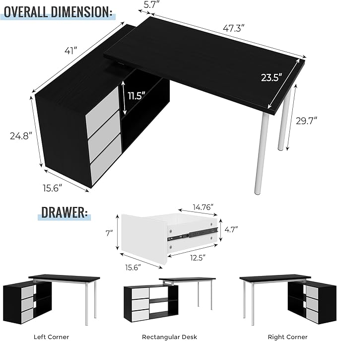 L Shape Computer Desk with 3 Drawers and 2 Shelves, Home Office Desk Corner Small Desk with Storage Cabinet for Writing Study Executive – Black and White
