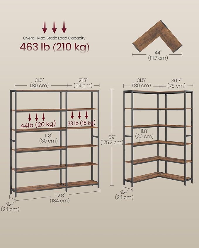 VASAGLE 6 Tier Bookshelf with Metal Frame, Convertible Industrial Corner Shelf, 9.4 x 52.8 x 69 Inches, for Living Room, Bedroom, Home Office, Rustic Brown and Ink Black ULLS806K01