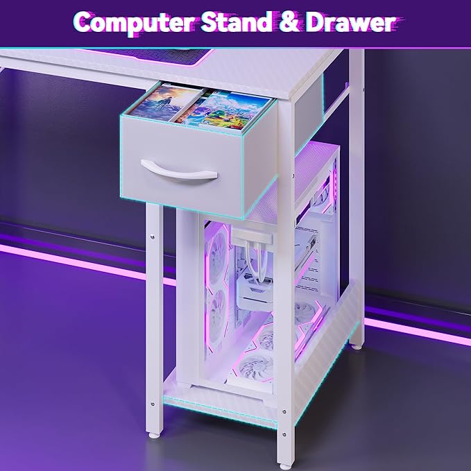 Apicizon L Shaped Gaming Desk 53", Reversible Corner Computer Desk with LED Lights, Carbon Fiber Surface, Pegboard with Hooks, Drawer & PC Tower Stand, USB Charging Port