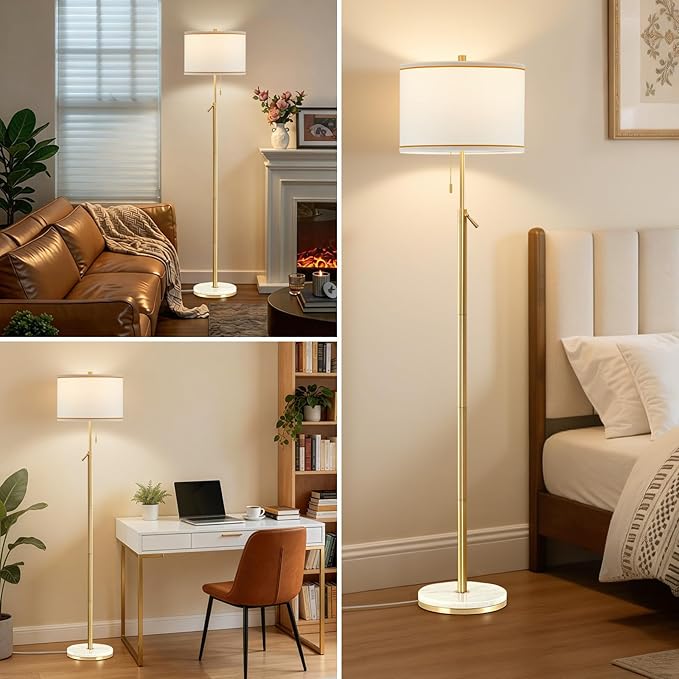 GyroVu Marble Floor Lamp for Living Room, Adjustable Height Standing Lamp with Marble Base Tall Lamp with White Shade Floor Lamps for Bedroom & Office Bulbs Not Included(Gold)