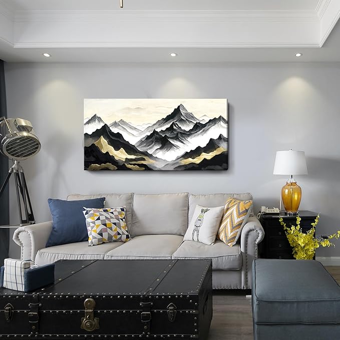 amatop Black Gold Mountain Wall Art – Large Modern Abstract Canvas Print, Inspirational Landscape Artwork for Living Room, Bedroom & Office Decor (58x29 Inch)