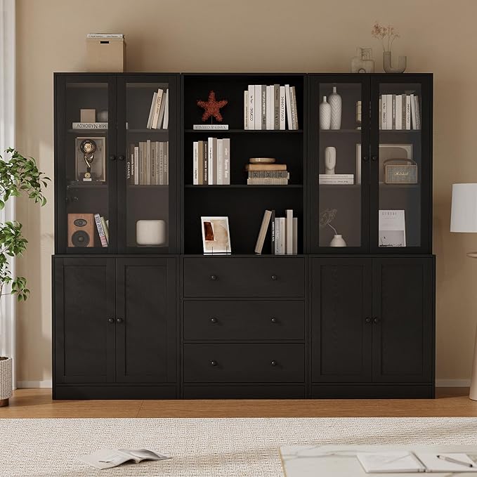 TUSY 71" H Bookshelf with Storage, 6-Tier Modern Bookshelves with 3 Large Drawer, Display Bookcase with Glass Doors, Modern 5-Tier Curio Cabinet for Home Office, Dining Room (Black, ABA)