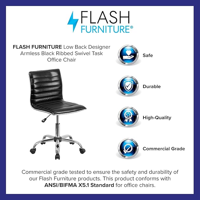 Flash Furniture Alan Low Back Designer Armless Black Ribbed Swivel Task Office Chair