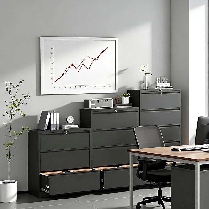 3 Drawer Lateral File Cabinet with Lock, Metal Lateral Filing Cabinet for Home Office, Steel Wide Horizontal Filing Cabinets for Letter/Legal/A4/F4 Hanging Files (Black)